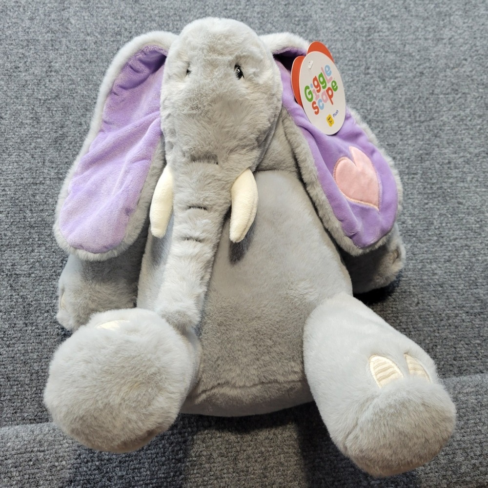 Gigglescape Elephant Plush Stuffed Animal Grey Purple Heart 15" Tall NWT